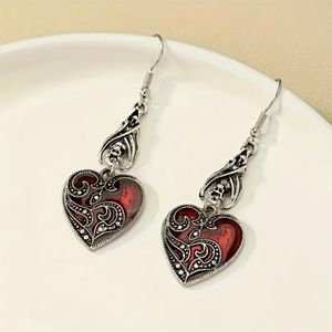 ♥️ New! Ornate Red & Silver Heart Drop Dangle Earrings